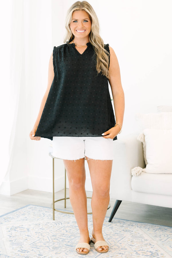 Chic Soul plus size clothing, black sleeveless tank top with raised textured dot pattern with v neckline and ruffle along sleeve
