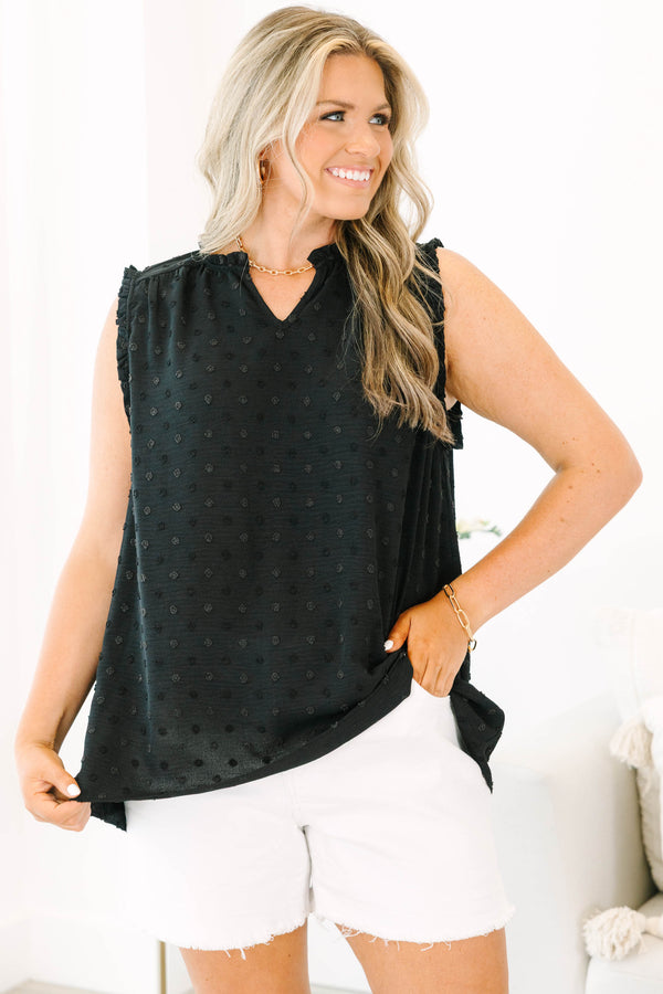 Chic Soul plus size clothing, black sleeveless tank top with raised textured dot pattern with v neckline and ruffle along sleeve