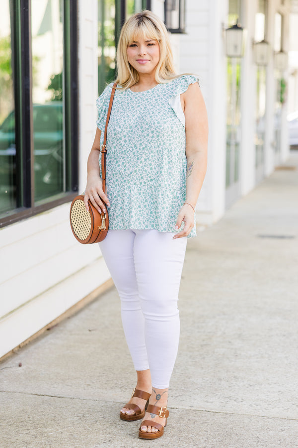 Chic Soul plus size clothing, short sleeve sage green and white floral top