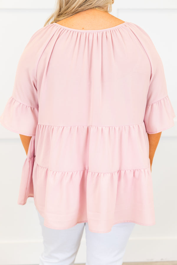 Chic Soul plus size clothing, dusty pink short sleeve ruffle tiered top with round neckline with tie neck detail