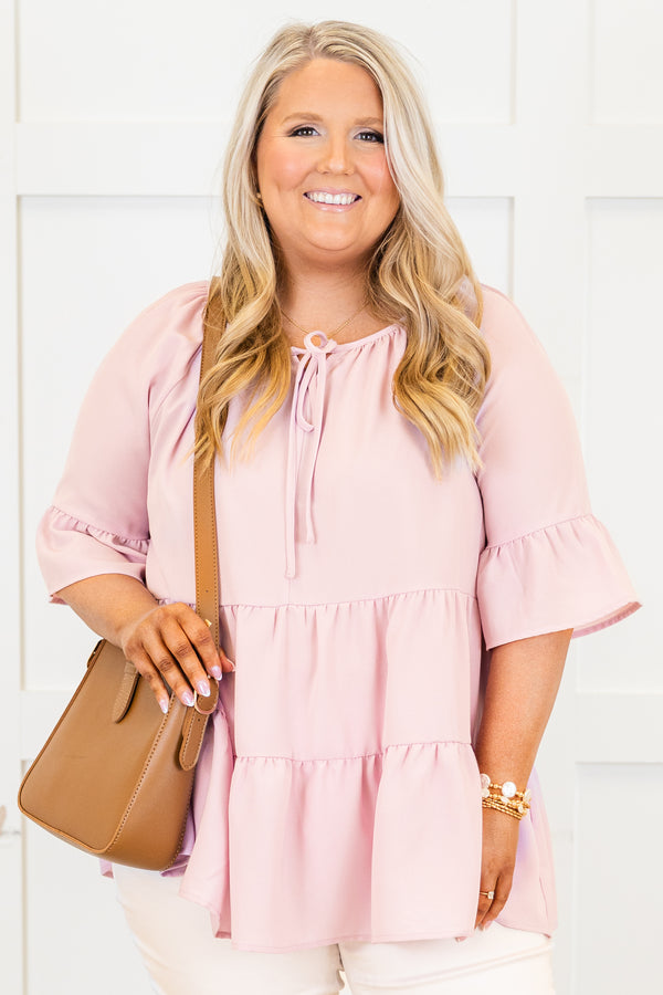 Chic Soul plus size clothing, dusty pink short sleeve ruffle tiered top with round neckline with tie neck detail