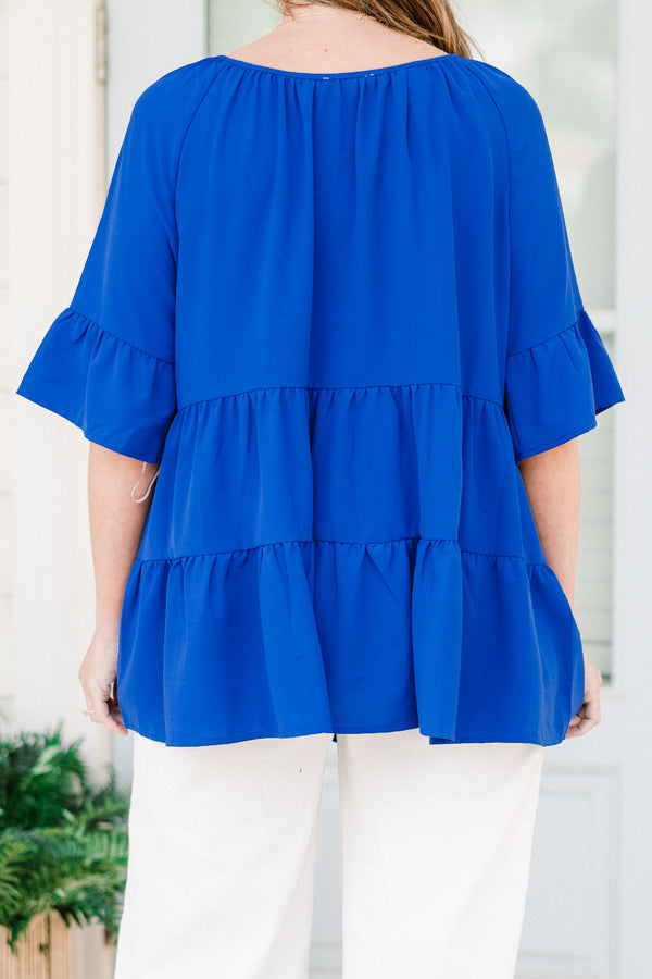 Chic Soul plus size clothing, short-ruffled-sleeve royal blue ruffled baby doll top with a scoop-neckline with a tie 