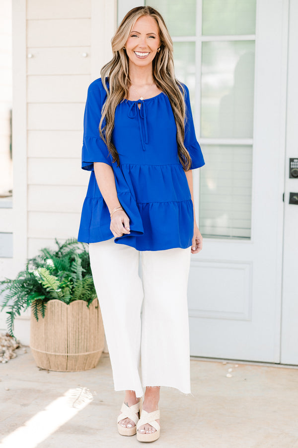 Chic Soul plus size clothing, short-ruffled-sleeve royal blue ruffled baby doll top with a scoop-neckline with a tie 