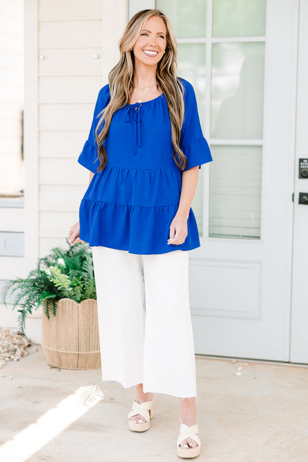 Chic Soul plus size clothing, short-ruffled-sleeve royal blue ruffled baby doll top with a scoop-neckline with a tie 