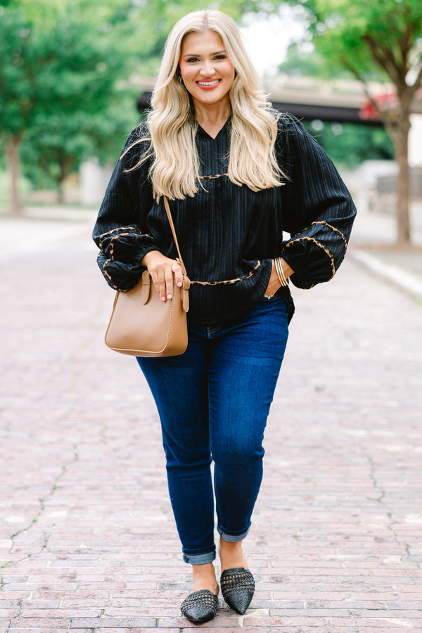 Chic Soul Plus size clothing, black long sleeve blouse with bubble that has cheetah stitching details on the sleeves bottom of the shirt and chest 