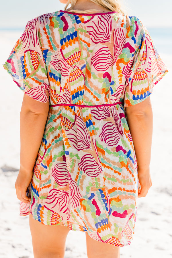 Chic Soul plus size clothing, short sleeve flowy blush mini dress coverup with multicolored abstract design with red lining along waist and v neckline with flowy sleeves