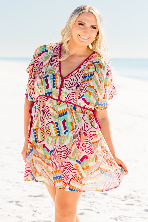 Chic Soul plus size clothing, short sleeve flowy blush mini dress coverup with multicolored abstract design with red lining along waist and v neckline with flowy sleeves