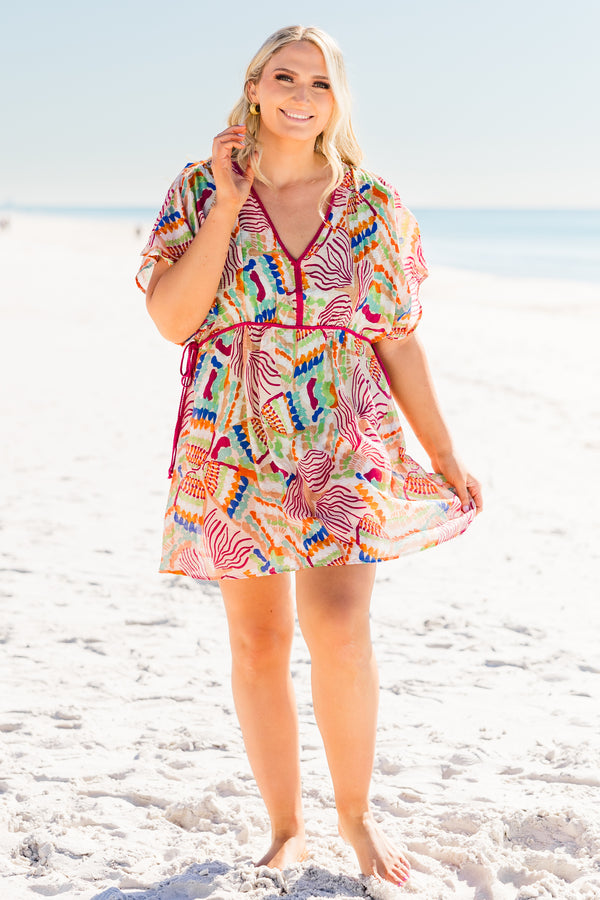 Chic Soul plus size clothing, short sleeve flowy blush mini dress coverup with multicolored abstract design with red lining along waist and v neckline with flowy sleeves