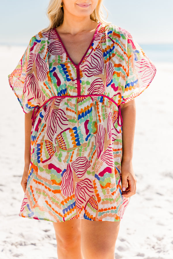 Chic Soul plus size clothing, short sleeve flowy blush mini dress coverup with multicolored abstract design with red lining along waist and v neckline with flowy sleeves