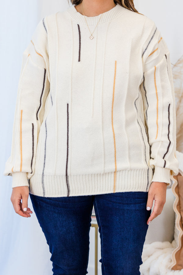 Chic Soul plus size clothing, white long sleeve knit sweater with round neckline and cuff sleeves with outer stitch multicolor vertical stripe detailing
