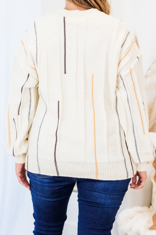 Chic Soul plus size clothing, white long sleeve knit sweater with round neckline and cuff sleeves with outer stitch multicolor vertical stripe detailing