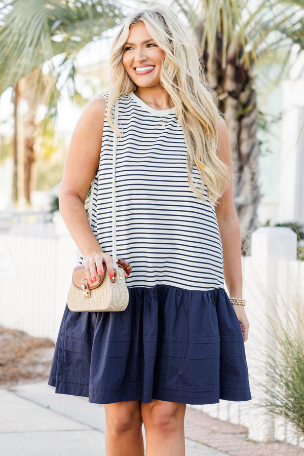 Chic Soul plus size clothing, sleeveless navy and white ruffled baby doll dress with a high-scoop-neckline and striped pattern on top half and bottom half solid navy 