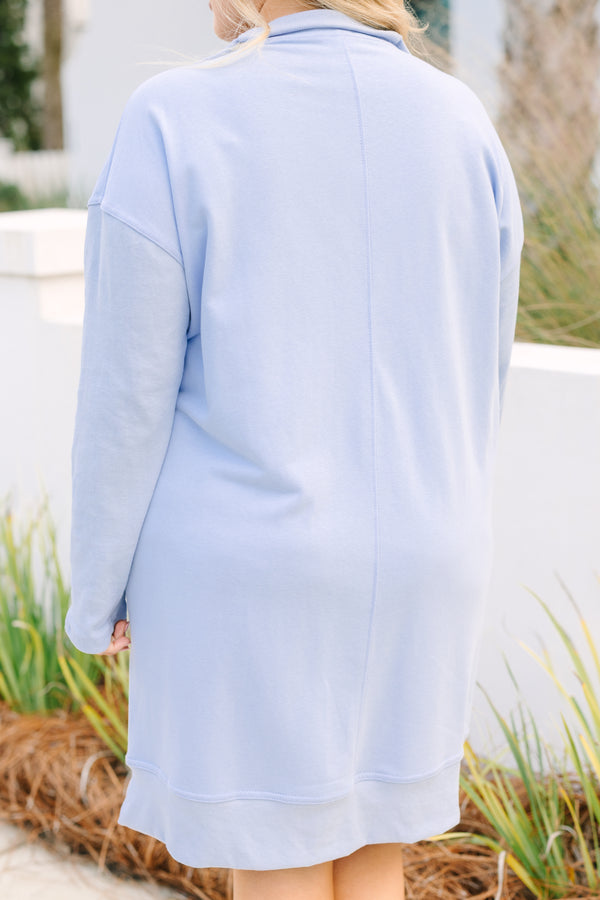 Chic Soul plus size clothing, light blue long sleeves sweatshirt dress with a zipper that goes down to the chest area as well as two front pockets 