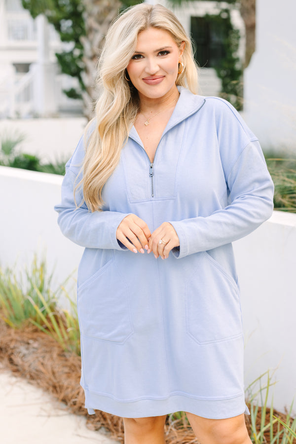 Chic Soul plus size clothing, light blue long sleeves sweatshirt dress with a zipper that goes down to the chest area as well as two front pockets 