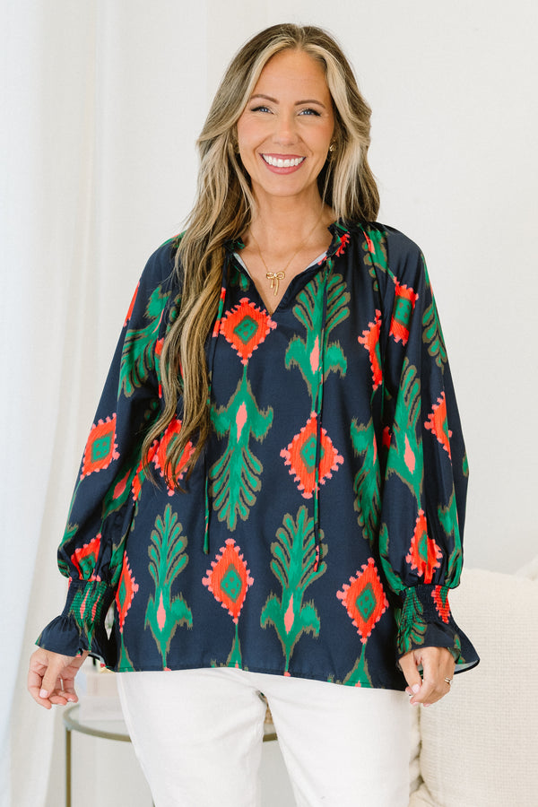Chic Soul plus size clothing, navy blue long-balloon sleeve string tie v-neck top with abstract green and red-orange pattern