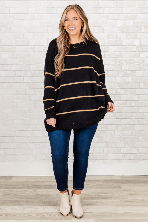 Chic Soul plus size clothing, black knitted oversized sweater with brown stripes