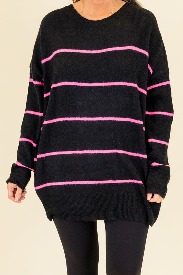 Chic Soul plus size clothing, black knit sweater with pink stripes