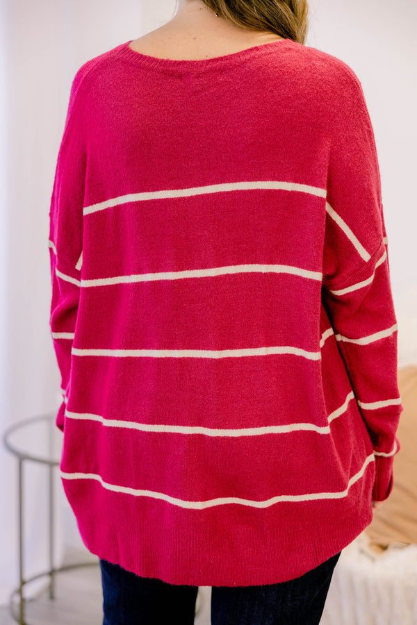Chic Soul plus size clothing, dark pink long sleeve sweater with thin white horizontal stripes