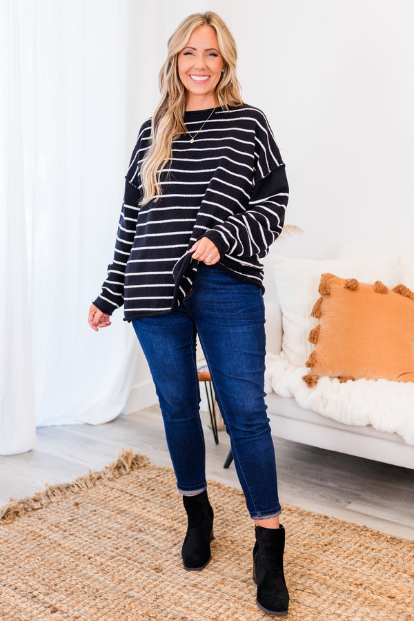 Chic Soul plus size clothing, long-sleeve black sweater with high-scoop-neckline and white striped pattern with inside-out distressed stitching