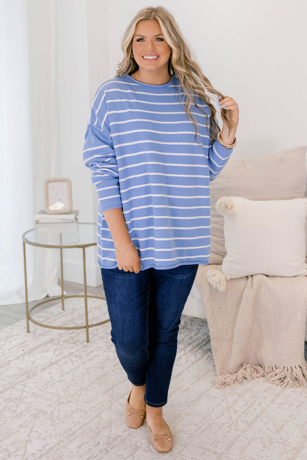 Chic Soul plus size clothing, baby blue long sleeve sweater with thin white horizontal stripes