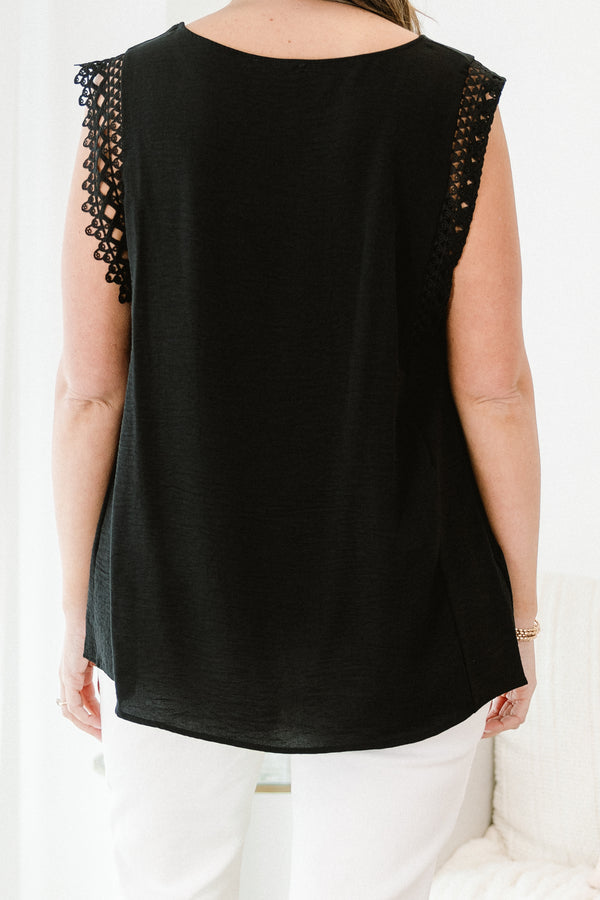 Chic Soul plus size clothing, black sleeveless tank top with round neckline and lace trim detail on sleeves