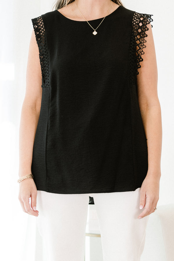 Chic Soul plus size clothing, black sleeveless tank top with round neckline and lace trim detail on sleeves