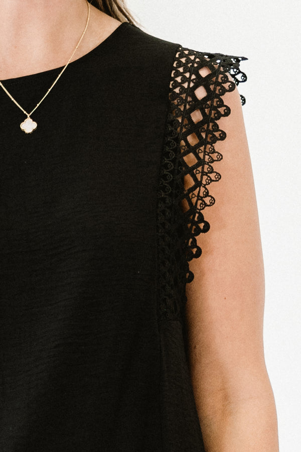 Chic Soul plus size clothing, black sleeveless tank top with round neckline and lace trim detail on sleeves