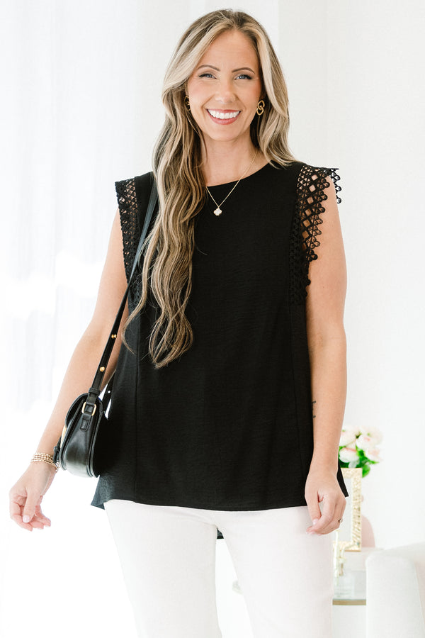 Chic Soul plus size clothing, black sleeveless tank top with round neckline and lace trim detail on sleeves