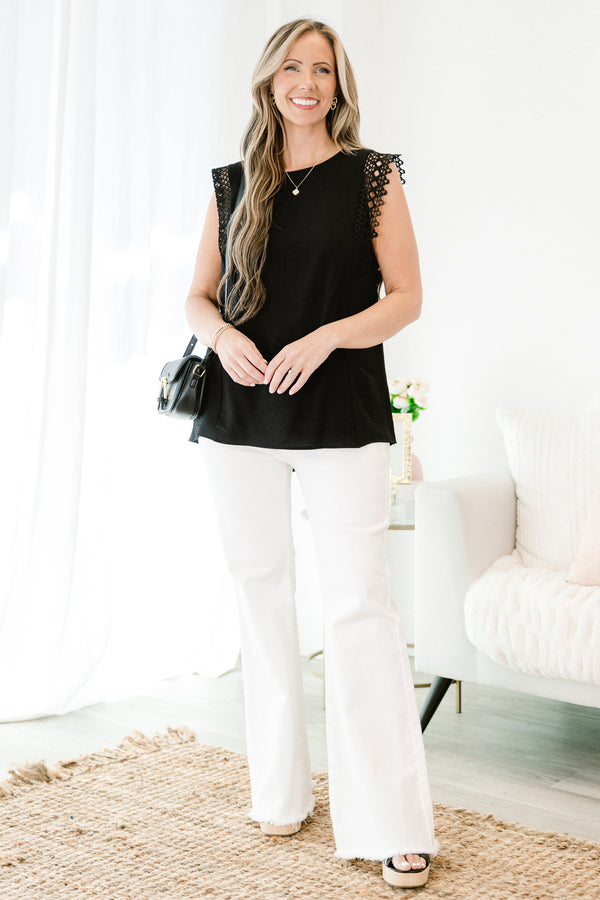 Chic Soul plus size clothing, black sleeveless tank top with round neckline and lace trim detail on sleeves