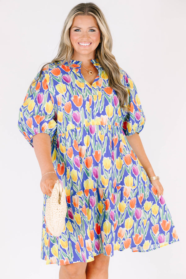 Chic Soul plus size clothing, blue short sleeve tiered mini dress with orange/yellow/pink floral tulip print with v cutout along neckline with puff sleeves