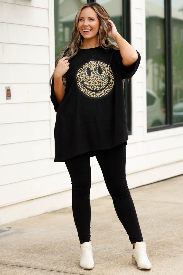 Chic Soul plus size clothing, black oversized tee with a leopard smiley graphic