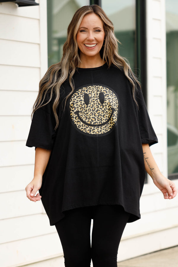 Chic Soul plus size clothing, black oversized tee with a leopard smiley graphic