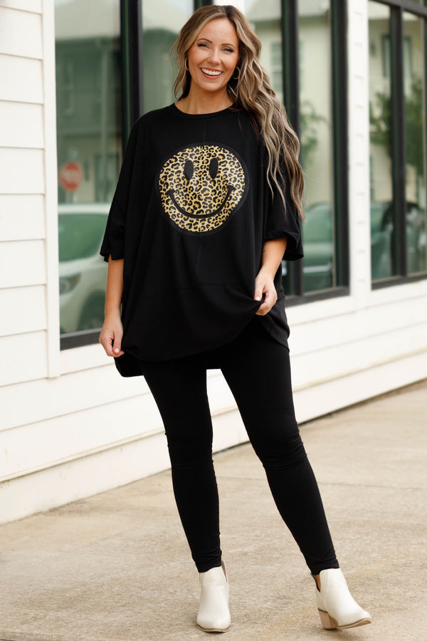 Chic Soul plus size clothing, black oversized tee with a leopard smiley graphic