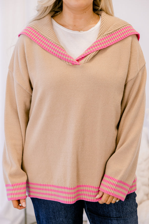 Chic Soul plus size clothing, tan long sleeve hooded sweater with hot pink stripes around the collar, sleeves, and hem