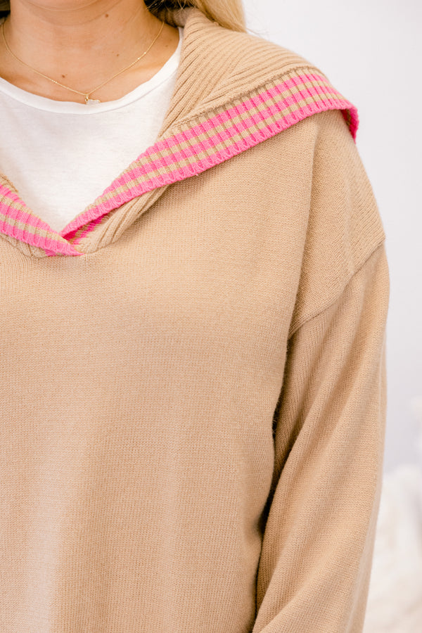 Chic Soul plus size clothing, tan long sleeve hooded sweater with hot pink stripes around the collar, sleeves, and hem