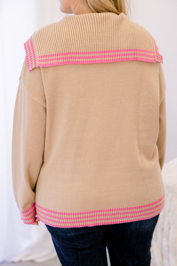 Chic Soul plus size clothing, tan long sleeve hooded sweater with hot pink stripes around the collar, sleeves, and hem