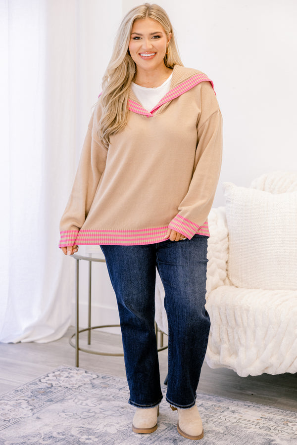 Chic Soul plus size clothing, tan long sleeve hooded sweater with hot pink stripes around the collar, sleeves, and hem