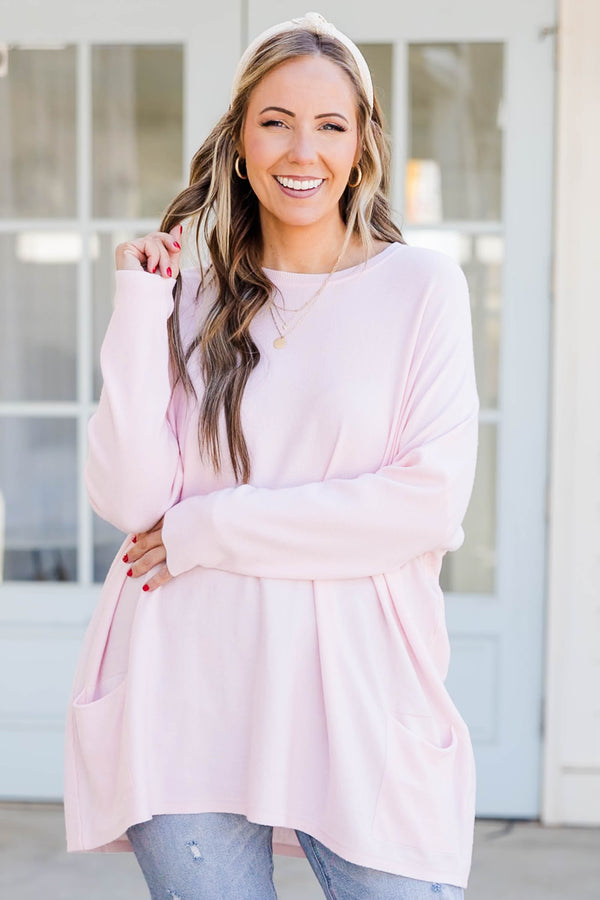 Chic Soul plus size clothing, dusty blush long sleeve top with two front pockets at the bottom