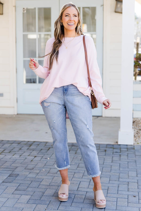 Chic Soul plus size clothing, dusty blush long sleeve top with two front pockets at the bottom