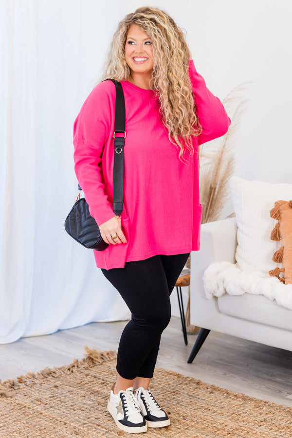 Chic Soul plus size clothing, hot pink long sleeve flowy top with round neckline and side pockets