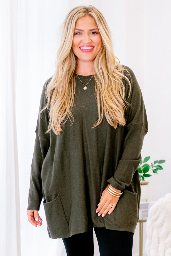 Chic Soul plus size clothing, long sleeve olive tunic with front pockets
