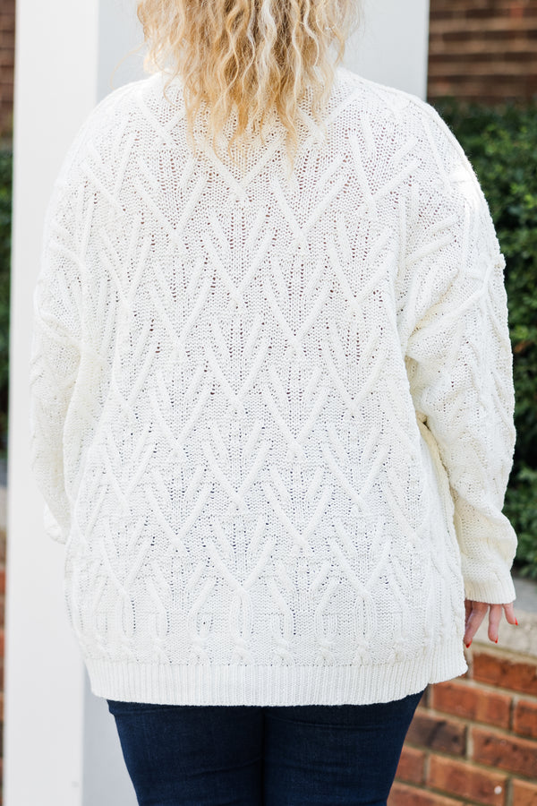 Chic Soul plus size clothing, long-sleeve beige white knit sweater with scoop-neckline 
