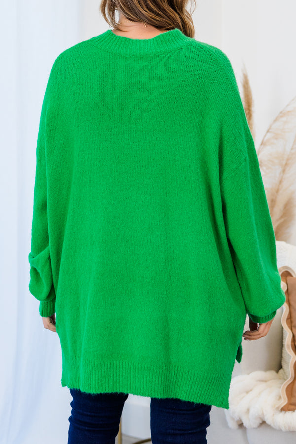 Chic Soul plus size clothing, kelly green long sleeve sweater with cuff sleeves with round neckline and chest pocket