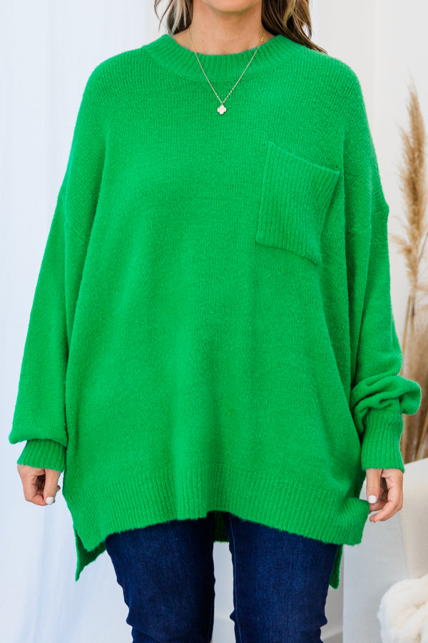 Chic Soul plus size clothing, kelly green long sleeve sweater with cuff sleeves with round neckline and chest pocket