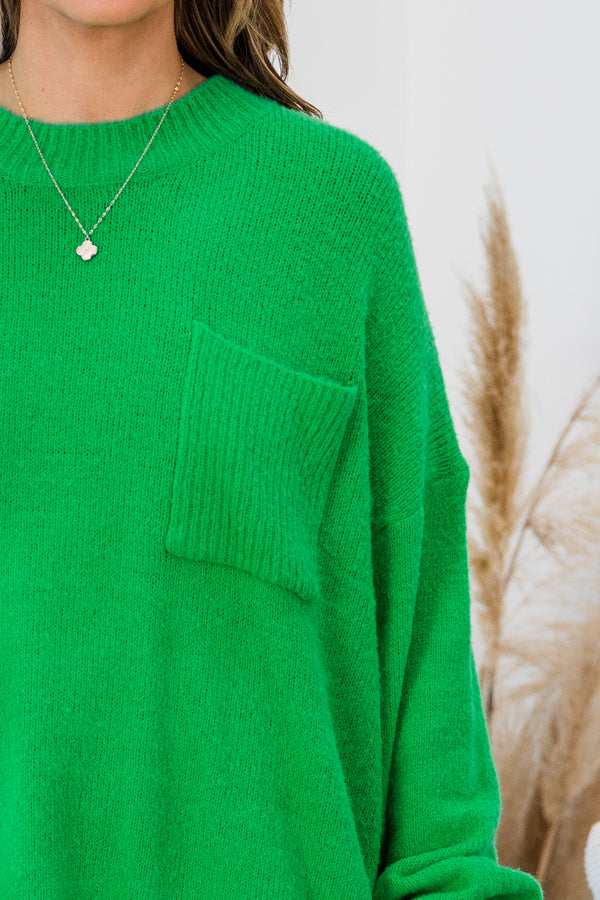 Chic Soul plus size clothing, kelly green long sleeve sweater with cuff sleeves with round neckline and chest pocket
