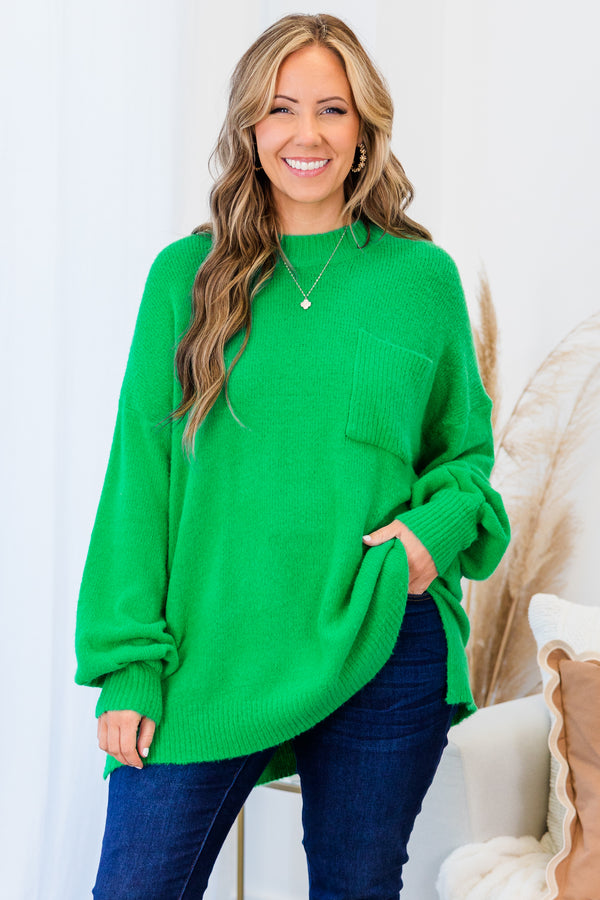 Chic Soul plus size clothing, kelly green long sleeve sweater with cuff sleeves with round neckline and chest pocket