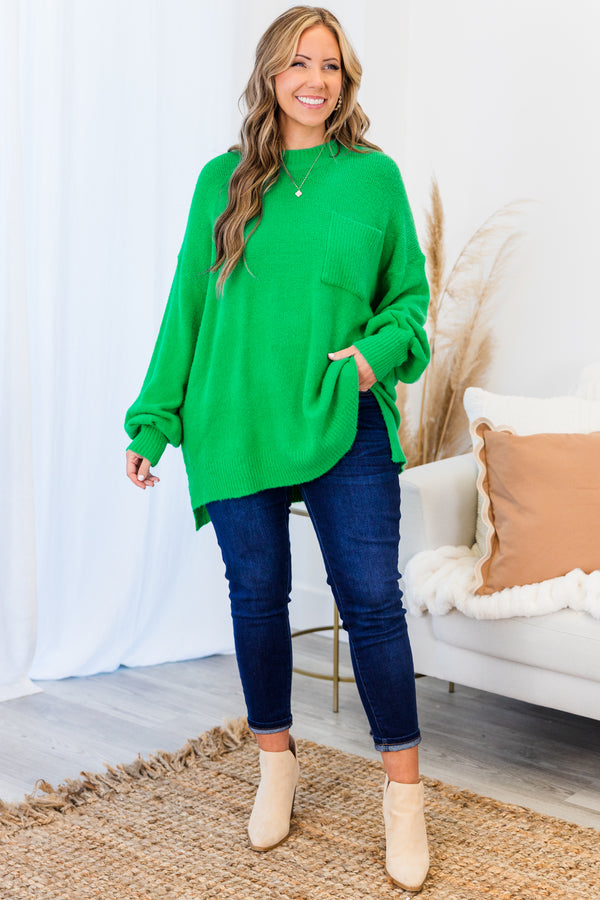 Chic Soul plus size clothing, kelly green long sleeve sweater with cuff sleeves with round neckline and chest pocket