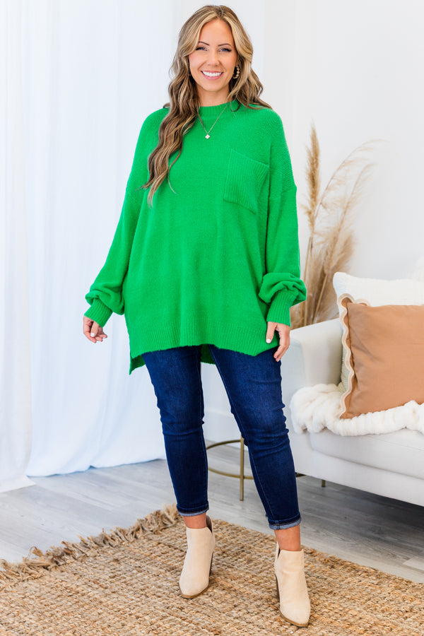 Chic Soul plus size clothing, kelly green long sleeve sweater with cuff sleeves with round neckline and chest pocket