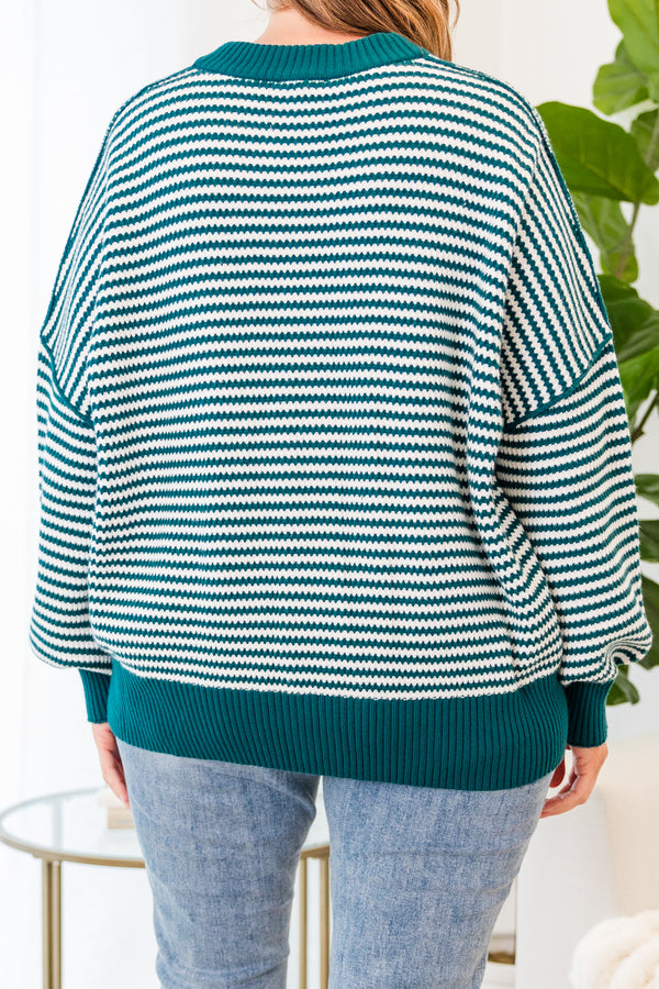 Chic Soul plus size clothing, jade-green-ivory long sleeve button up sweater with v neckline with stripe pattern and cuff sleeves