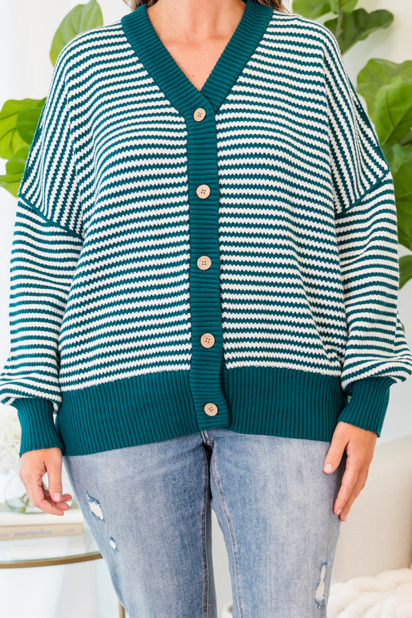 Chic Soul plus size clothing, jade-green-ivory long sleeve button up sweater with v neckline with stripe pattern and cuff sleeves
